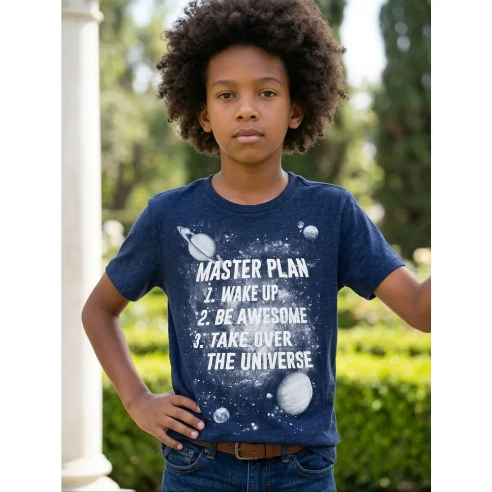 Boys Master Plan Galaxy T-Shirt Large 10/12 Blue Space Graphic Motivational Tee